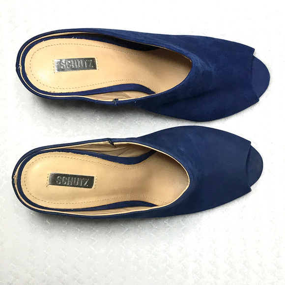 Schutz Blue/ Cobalt Suede Wedges Mules - Picture 3 of 6